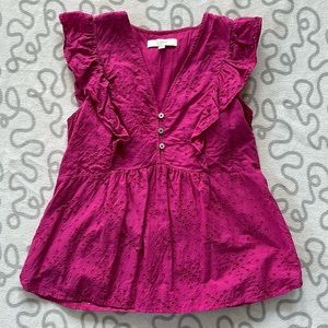 LOFT Magenta Eyelet Ruffle Blouse